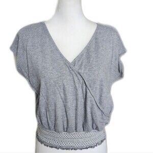 Vince Camuto V-neck Faux Wrap Top, Gray, Smocked Hem, Cropped, M